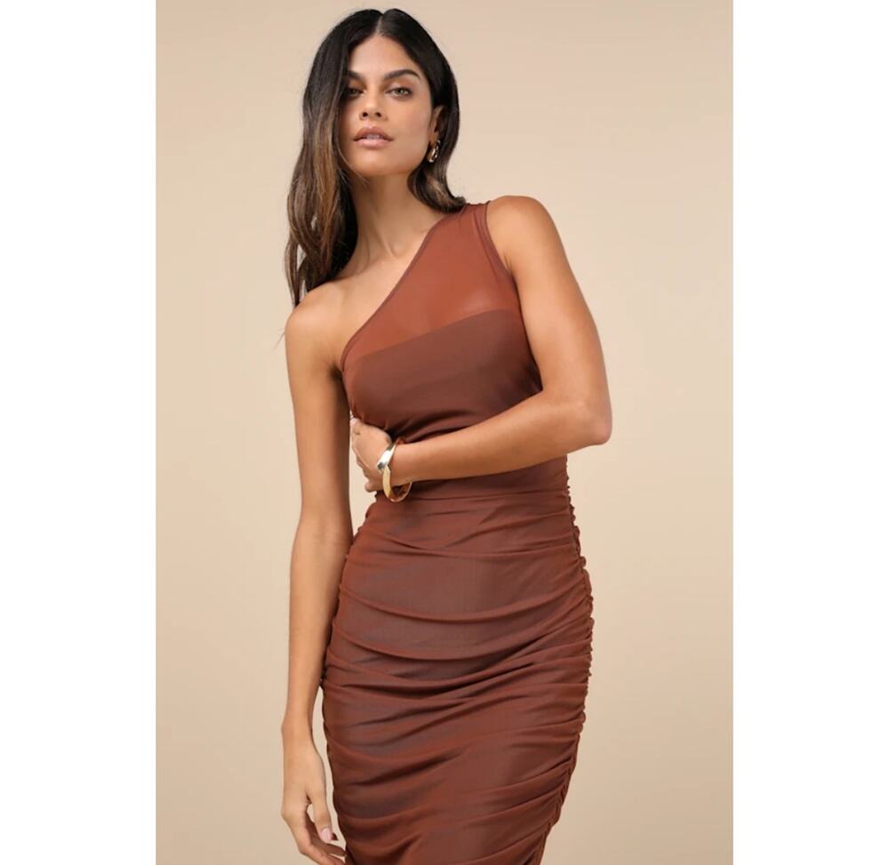 NWT Lulus Kiden Brown Mesh Ruched One-Shoulder Midi Dress Party Neutral Size XS